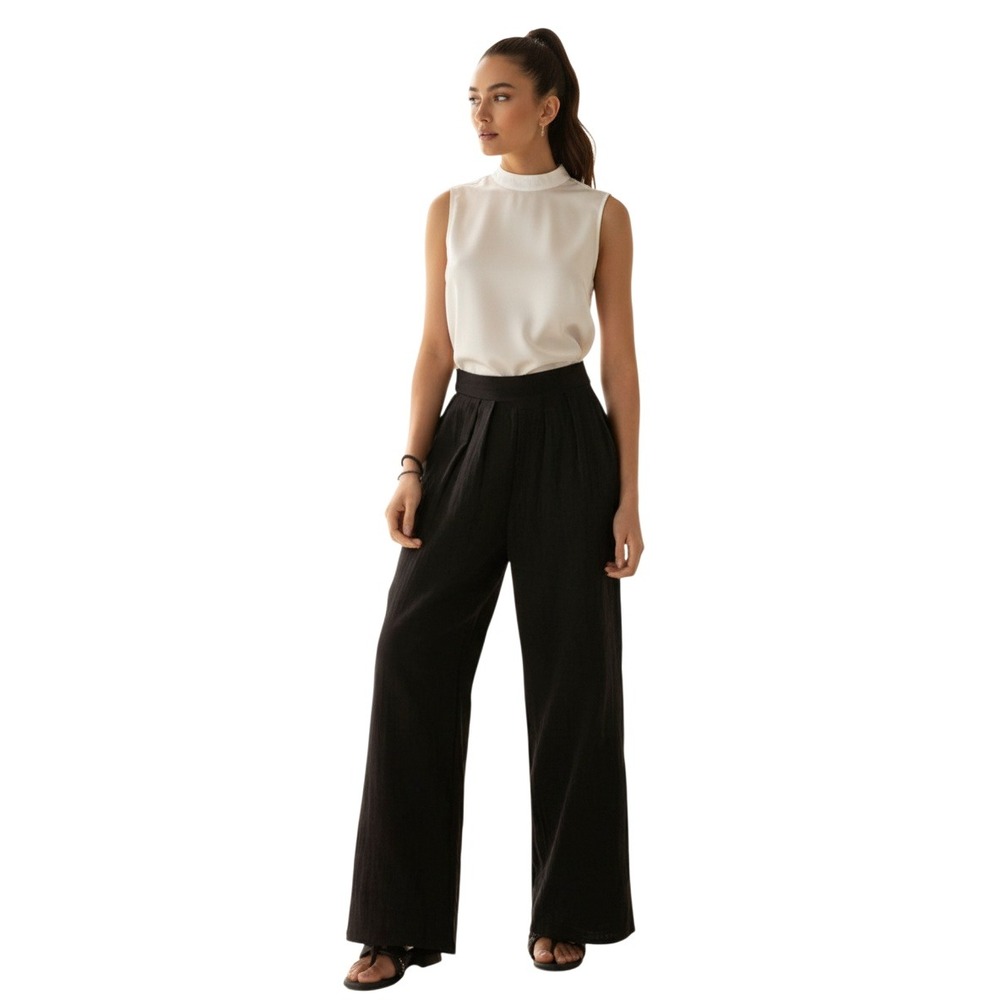 NOFLIK Black 100% Cotton Wide Leg Pull-On Pants Work Casual M‎ NWT